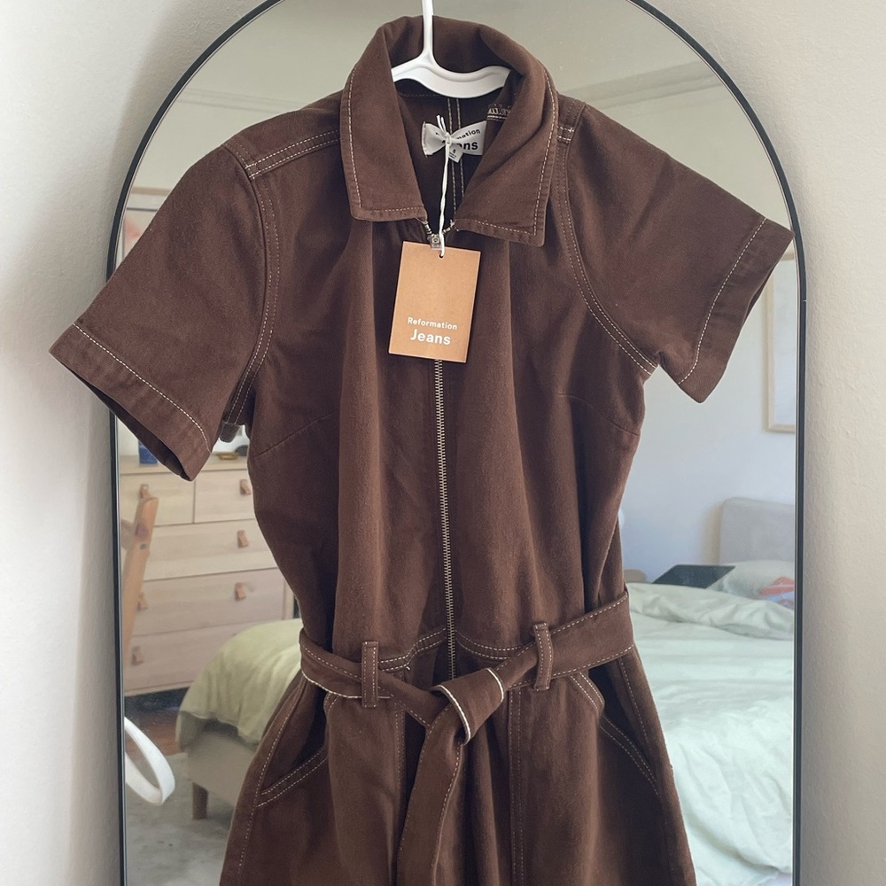 Reformation Cassidy Denim Jumpsuit in Brown